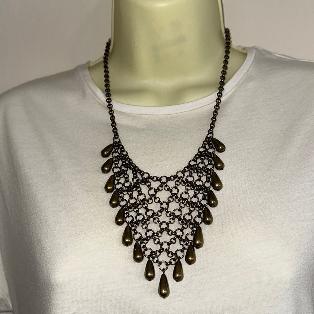 Antique/tarnished gold‎ chain mail beaded statement necklace